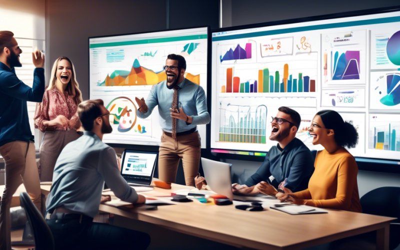 Create an image of a marketing team in a modern office, enthusiastically analyzing a large digital dashboard filled with vibrant charts, graphs, and statis