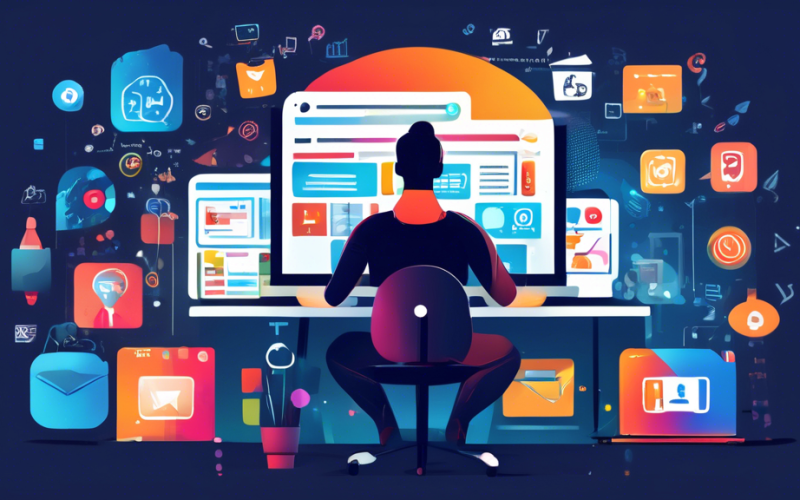 Create an image of a person sitting at a desk with a laptop and smartphone, surrounded by various icons representing different mobile marketing tools like