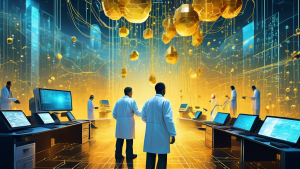 A futuristic scene of a high-tech digital mine, with scientists and analysts in lab coats using advanced tools and machinery to extract glowing, golden nug