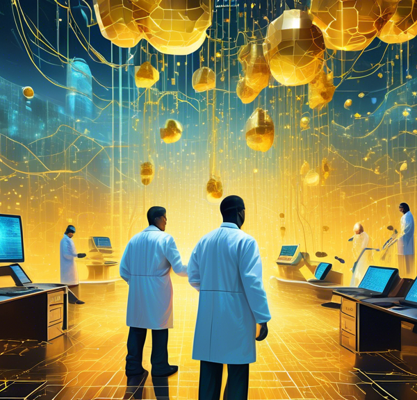 A futuristic scene of a high-tech digital mine, with scientists and analysts in lab coats using advanced tools and machinery to extract glowing, golden nug