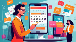 Create an image of a business person standing confidently next to a large smartphone screen, which displays vibrant notification messages about flash sales
