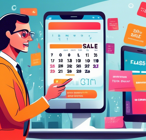 Create an image of a business person standing confidently next to a large smartphone screen, which displays vibrant notification messages about flash sales