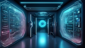 A futuristic, highly secure digital vault in a sleek and modern underground bunker; surrounded by glowing holographic shields and advanced cybersecurity me