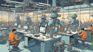 A detailed illustration of a divided scene; on one side, a high-tech workspace with robots and machines smoothly performing tasks effortlessly while human