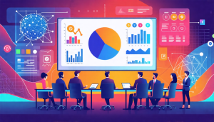 A realistic illustration of a business meeting where executives discuss a pie chart and bar graphs on a large screen, surrounded by digital elements repres