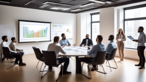 Create an image showing a business meeting room with diverse employees engaged in a training session. The focus is on a detailed whiteboard or projector di