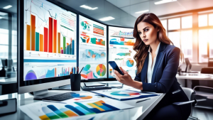 A businesswoman in a modern office analyzing graphs and charts on a large screen displaying mobile marketing statistics and budget allocation. Nearby, ther