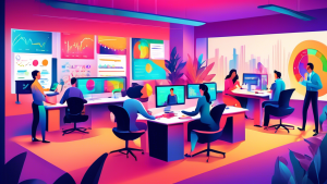 A vibrant office setting with diverse business professionals analyzing various performance metrics displayed on multiple screens and charts, showcasing cus