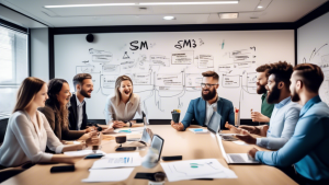 An image of a business meeting room where marketing professionals are collaboratively discussing and brainstorming strategies. One professional is standing