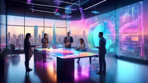 An image of a futuristic workspace where holographic charts and graphs float in mid-air. A group of diverse professionals is interacting with these hologra