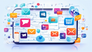 An illustration depicting a smartphone displaying an SMS marketing message at the center, surrounded by various other marketing channels such as email, soc