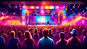 Create an image of a vibrant event setting, with a large concert stage, colorful lights, and a lively crowd. Include a close-up of a smartphone screen disp